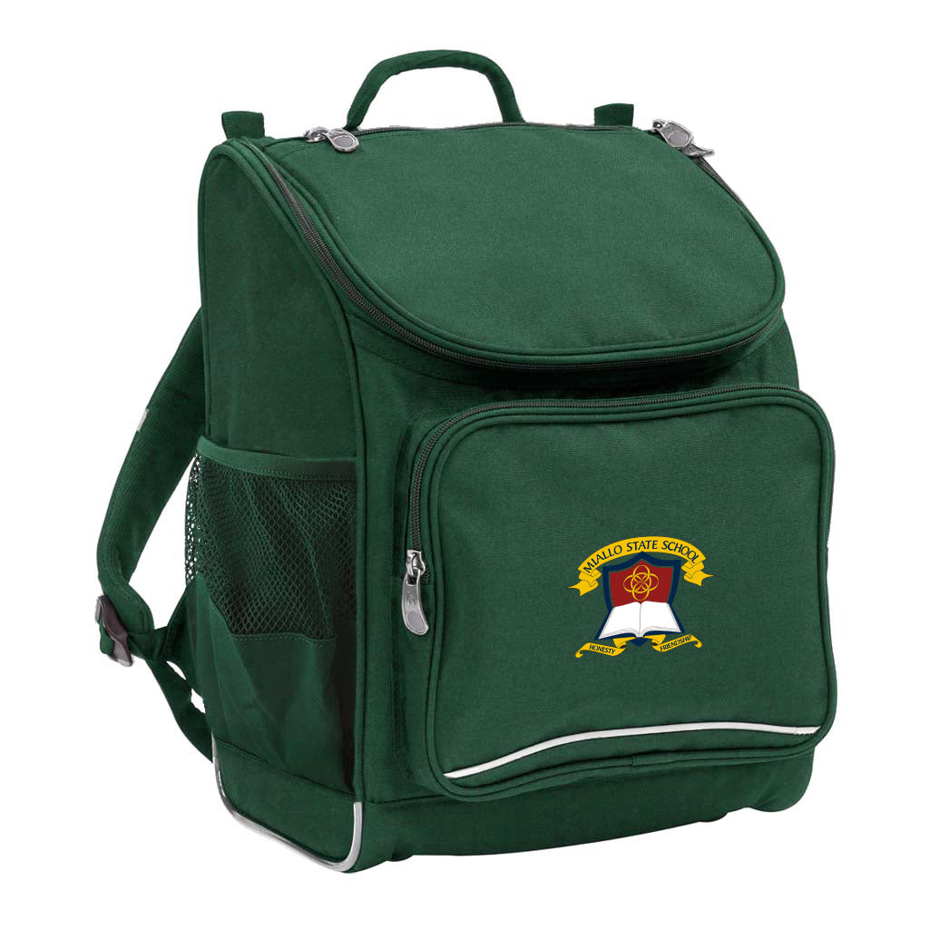 Mighty backpack in colour green, front side angle displaying carry handle, padded shoulder straps, top zipper compartment, front zipper pocket and mesh water bottle holder with Miallo State School logo