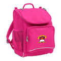 Mighty backpack in colour pink, front side angle displaying carry handle, padded shoulder straps, top zipper compartment, front zipper pocket and mesh water bottle holder with Miallo State School logo