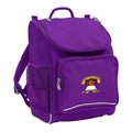 Mighty backpack in colour purple, front side angle displaying carry handle, padded shoulder straps, top zipper compartment, front zipper pocket and mesh water bottle holder with Miallo State School logo