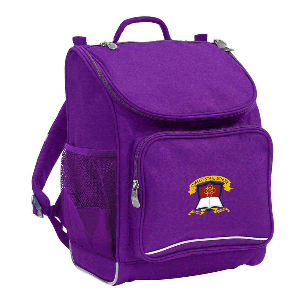 Mighty backpack in colour purple, front side angle displaying carry handle, padded shoulder straps, top zipper compartment, front zipper pocket and mesh water bottle holder with Miallo State School logo