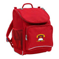Mighty backpack in colour red, front side angle displaying carry handle, padded shoulder straps, top zipper compartment, front zipper pocket and mesh water bottle holder with Miallo State School logo