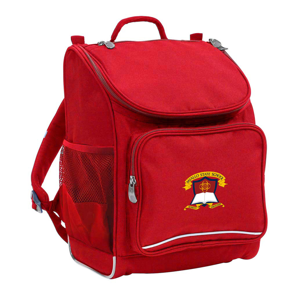 Mighty backpack in colour red, front side angle displaying carry handle, padded shoulder straps, top zipper compartment, front zipper pocket and mesh water bottle holder with Miallo State School logo