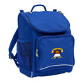 Mighty backpack in colour royal, front side angle displaying carry handle, padded shoulder straps, top zipper compartment, front zipper pocket and mesh water bottle holder with Miallo State School logo