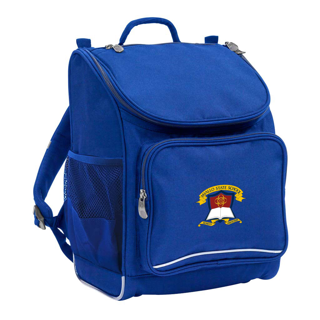 Mighty backpack in colour royal, front side angle displaying carry handle, padded shoulder straps, top zipper compartment, front zipper pocket and mesh water bottle holder with Miallo State School logo