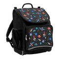 Harlequin Mighty Tuff-Pack Backpack in Black featuring Galaxy Boy design from the Harlequin Creatix signature series. Front side angle displaying carry handle, padded shoulder straps, top zipper compartment, front zipper pocket and mesh water bottle holder.