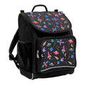 Harlequin Mighty Tuff-Pack Junior Backpack in Black with the Galaxy Girl design from the Harlequin Creatix signature series. Front side angle displaying carry handle, padded shoulder straps, top zipper compartment, front zipper pocket and mesh water bottle holder.