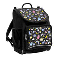 Harlequin Mighty Tuff-Pack Backpack in Black featuring Kittycorn design from the Harlequin Creatix signature series. Front side angle displaying carry handle, padded shoulder straps, top zipper compartment, front zipper pocket and mesh water bottle holder.