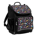 Harlequin Mighty Tuff-Pack Junior Backpack in Black with the Pixel Chick design from the Harlequin Creatix signature series. Front side angle displaying carry handle, padded shoulder straps, top zipper compartment, front zipper pocket and mesh water bottle holder.