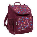 Harlequin Mighty Tuff-Pack Junior Backpack in Maroon with the Galaxy Girl design from the Harlequin Creatix signature series. Front side angle displaying carry handle, padded shoulder straps, top zipper compartment, front zipper pocket and mesh water bottle holder.