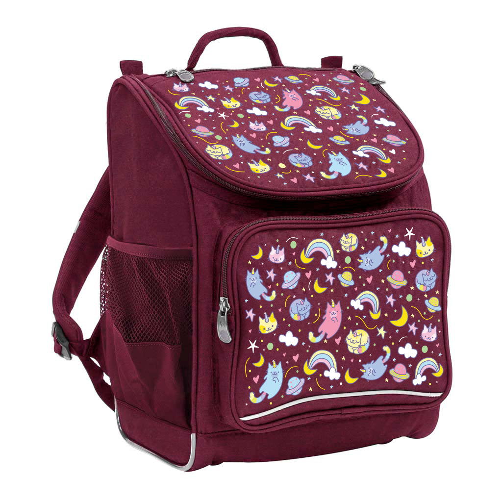 Harlequin Mighty Tuff-Pack Backpack in Maroon featuring Kittycorn design from the Harlequin Creatix signature series. Front side angle displaying carry handle, padded shoulder straps, top zipper compartment, front zipper pocket and mesh water bottle holder.