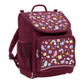 Harlequin Mighty Tuff-Pack Backpack in Maroon featuring Kittycorn design from the Harlequin Creatix signature series. Front side angle displaying carry handle, padded shoulder straps, top zipper compartment, front zipper pocket and mesh water bottle holder.