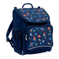 Harlequin Mighty Tuff-Pack Junior Backpack in Navy featuring Galaxy Boy design from the Harlequin Creatix signature series. Front side angle displaying carry handle, padded shoulder straps, top zipper compartment, front zipper pocket and mesh water bottle holder.