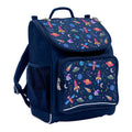 Harlequin Mighty Tuff-Pack Junior Backpack in Navy with the Galaxy Girl design from the Harlequin Creatix signature series. Front side angle displaying carry handle, padded shoulder straps, top zipper compartment, front zipper pocket and mesh water bottle holder.