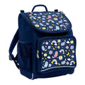 Harlequin Mighty Tuff-Pack Backpack in Navy featuring Kittycorn design from the Harlequin Creatix signature series. Front side angle displaying carry handle, padded shoulder straps, top zipper compartment, front zipper pocket and mesh water bottle holder.