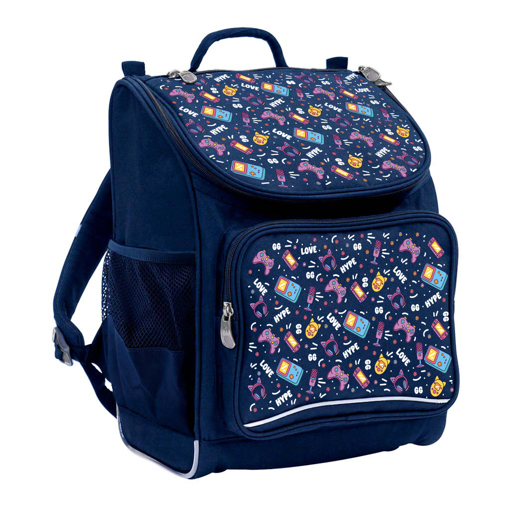 Harlequin Mighty Tuff-Pack Backpack in Navy with the Pixel Chick design from the Harlequin Creatix signature series. Front side angle displaying carry handle, padded shoulder straps, top zipper compartment, front zipper pocket and mesh water bottle holder.