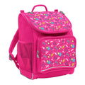 Harlequin Mighty Tuff-Pack Backpack in Pink with the Pixel Chick design from the Harlequin Creatix signature series. Front side angle displaying carry handle, padded shoulder straps, top zipper compartment, front zipper pocket and mesh water bottle holder.