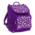 Harlequin Mighty Tuff-Pack Backpack in Purple featuring Kittycorn design from the Harlequin Creatix signature series. Front side angle displaying carry handle, padded shoulder straps, top zipper compartment, front zipper pocket and mesh water bottle holder.