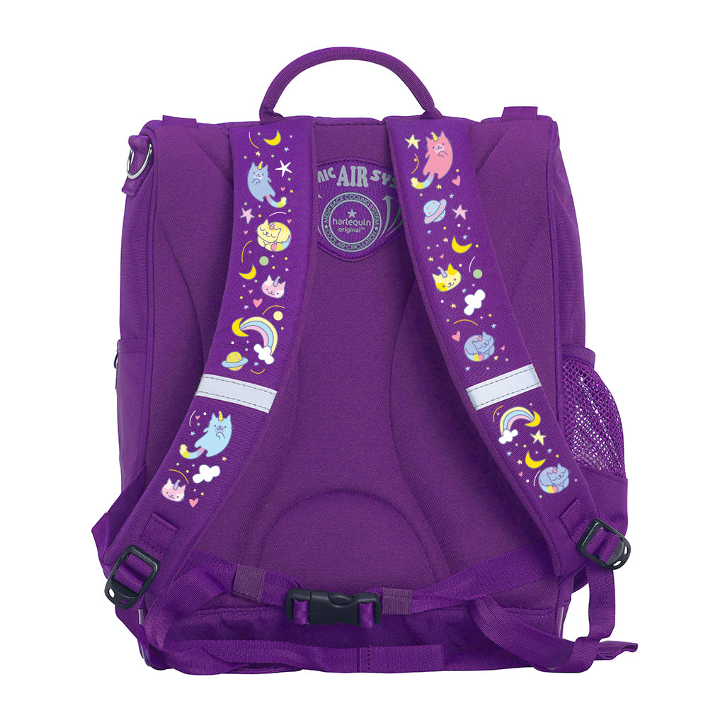 Harlequin Mighty Tuff-Pack Backpack in Purple with Kittycorn design from the Harlequin Creatix Signature Series. Back view showcasing the Anatomic back panel, padded shoulder straps and waist strap.