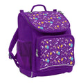 Harlequin Mighty Tuff-Pack Backpack in Purple with the Pixel Chick design from the Harlequin Creatix signature series. Front side angle displaying carry handle, padded shoulder straps, top zipper compartment, front zipper pocket and mesh water bottle holder.