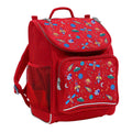 Harlequin Mighty Tuff-Pack Junior Backpack in Red featuring Galaxy Boy design from the Harlequin Creatix signature series. Front side angle displaying carry handle, padded shoulder straps, top zipper compartment, front zipper pocket and mesh water bottle holder.