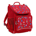 Harlequin Mighty Tuff-Pack Junior Backpack in Red with the Galaxy Girl design from the Harlequin Creatix signature series. Front side angle displaying carry handle, padded shoulder straps, top zipper compartment, front zipper pocket and mesh water bottle holder.