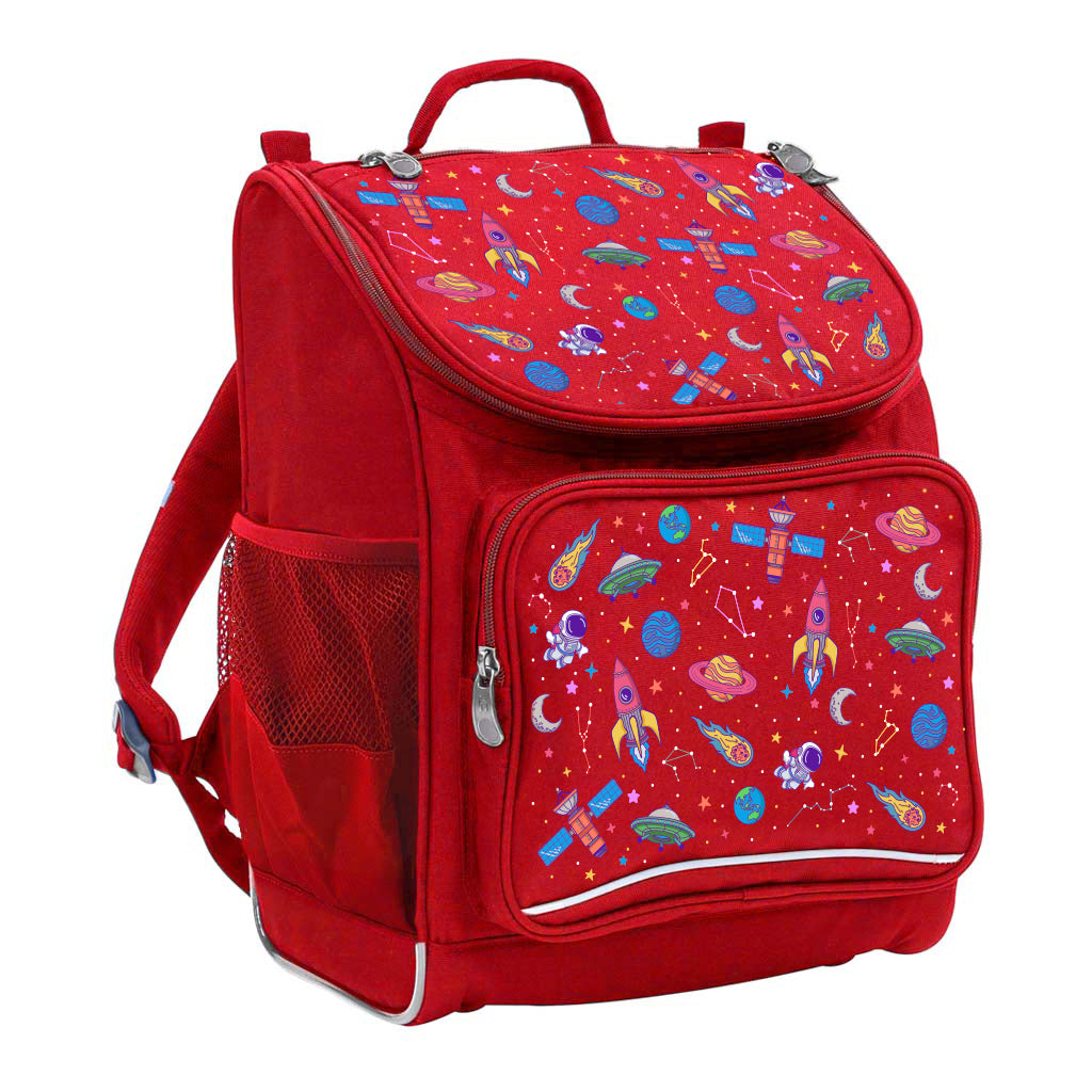 Harlequin Mighty Tuff-Pack Backpack in Red with the Galaxy Girl design from the Harlequin Creatix signature series. Front side angle displaying carry handle, padded shoulder straps, top zipper compartment, front zipper pocket and mesh water bottle holder.