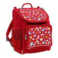 Harlequin Mighty Tuff-Pack Backpack in Red featuring Kittycorn design from the Harlequin Creatix signature series. Front side angle displaying carry handle, padded shoulder straps, top zipper compartment, front zipper pocket and mesh water bottle holder.