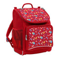 Harlequin Mighty Tuff-Pack Backpack in Red with the Pixel Chick design from the Harlequin Creatix signature series. Front side angle displaying carry handle, padded shoulder straps, top zipper compartment, front zipper pocket and mesh water bottle holder.