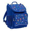 Harlequin Mighty Tuff-Pack Junior Backpack in Royal Blue featuring Galaxy Boy design from the Harlequin Creatix signature series. Angled view showing front pocket, drink bottle pocket, and ergonomic shoulder strap.