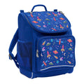 Harlequin Mighty Tuff-Pack Junior Backpack in Royal Blue with the Galaxy Girl design from the Harlequin Creatix signature series. Front side angle displaying carry handle, padded shoulder straps, top zipper compartment, front zipper pocket and mesh water bottle holder.