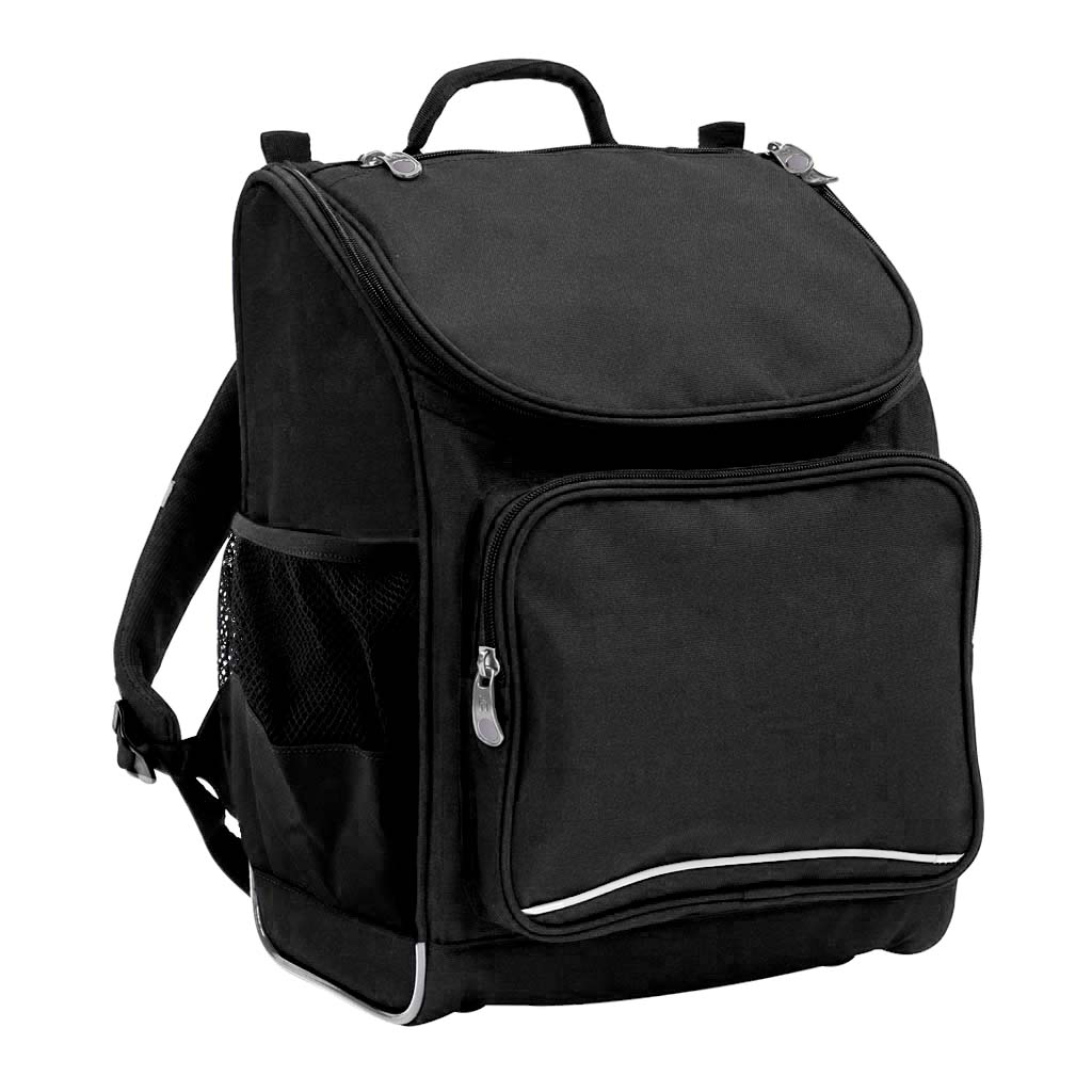 Harlequin Mighty in black front side angle displaying carry handle, padded shoulder straps, top zipper compartment, front zipper pocket and mesh water bottle holder