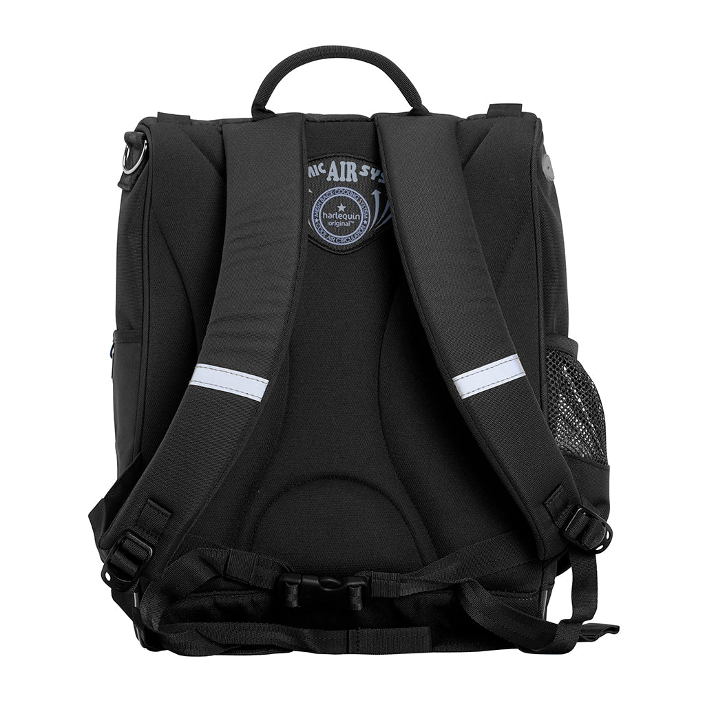Harlequin Mighty backpack in black back angle displaying carry handle, padded shoulder straps, padded back support and mesh water bottle holder