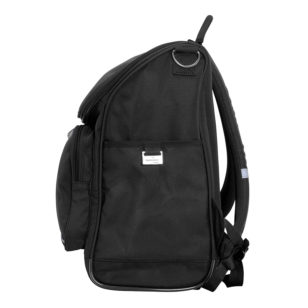 Harlequin Mighty in black side angle displaying carry handle, padded shoulder straps, top zipper compartment, front zipper pocket, headphone port and water bottle holder