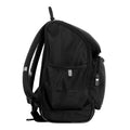 Harlequin Mighty in black side angle displaying carry handle, padded shoulder straps, top zipper compartment, front zipper pocket,  and mesh water bottle holder