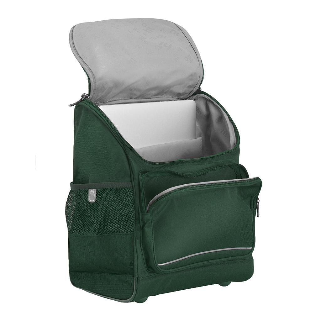 Harlequin Mighty backpack in green front side fully open angle displaying carry handle, padded shoulder straps, top zipper compartment opened showing laptop sleeve, front zipper pocket, and mesh water bottle holder