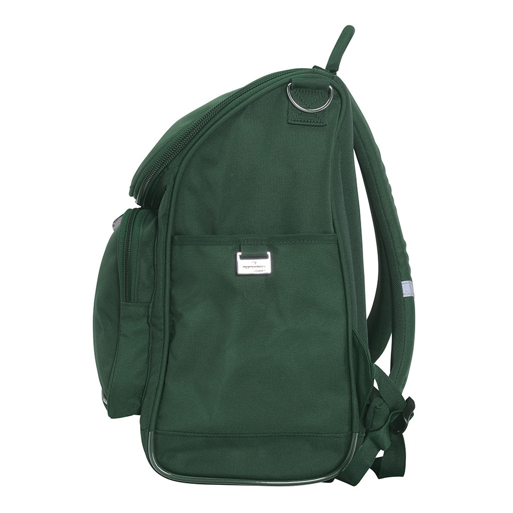 Harlequin Mighty in bottle green side angle displaying carry handle, padded shoulder straps, top zipper compartment, front zipper pocket, headphone port and water bottle holder