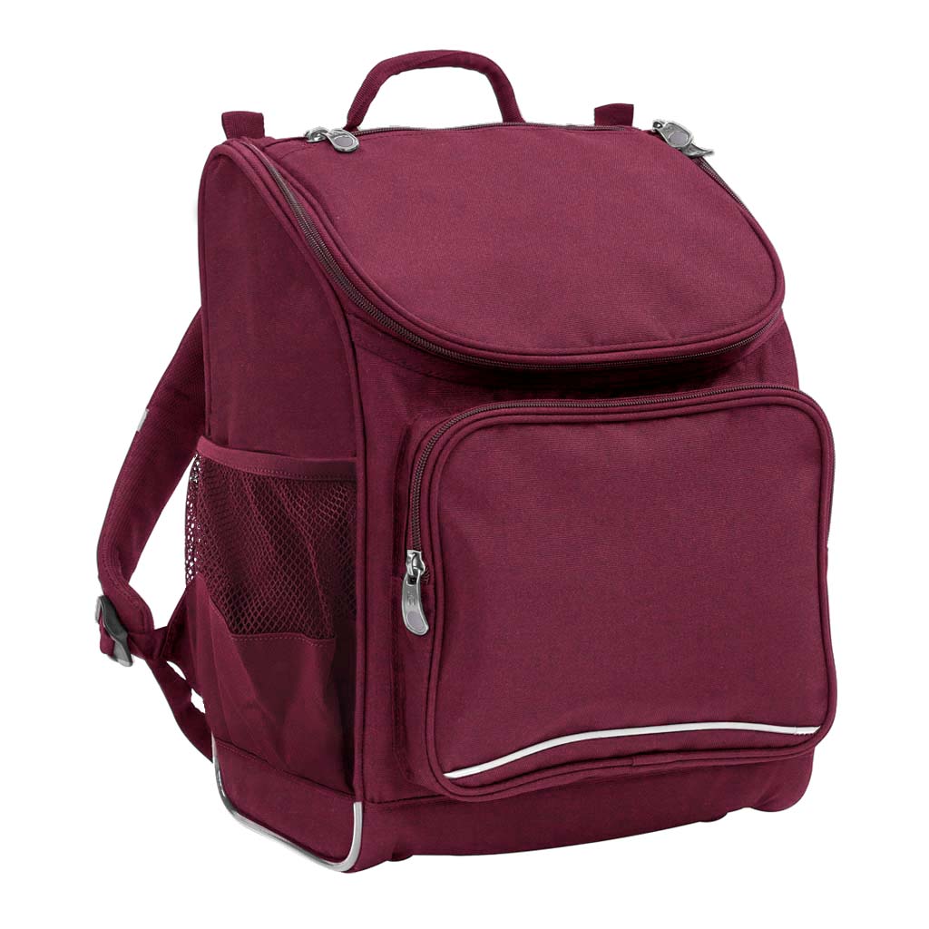 Harlequin Mighty in maroon front side angle displaying carry handle, padded shoulder straps, top zipper compartment, front zipper pocket and mesh water bottle holder