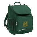 Mighty backpack in colour green, front side angle displaying carry handle, padded shoulder straps, top zipper compartment, front zipper pocket and mesh water bottle holder with Nashville State School logo