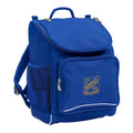 Mighty backpack in colour royal, front side angle displaying carry handle, padded shoulder straps, top zipper compartment, front zipper pocket and mesh water bottle holder with Nashville State School logo