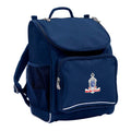 Mighty backpack in colour Navy, front side angle displaying carry handle, padded shoulder straps, top zipper compartment, front zipper pocket and mesh water bottle holder with Rangeville State School logo