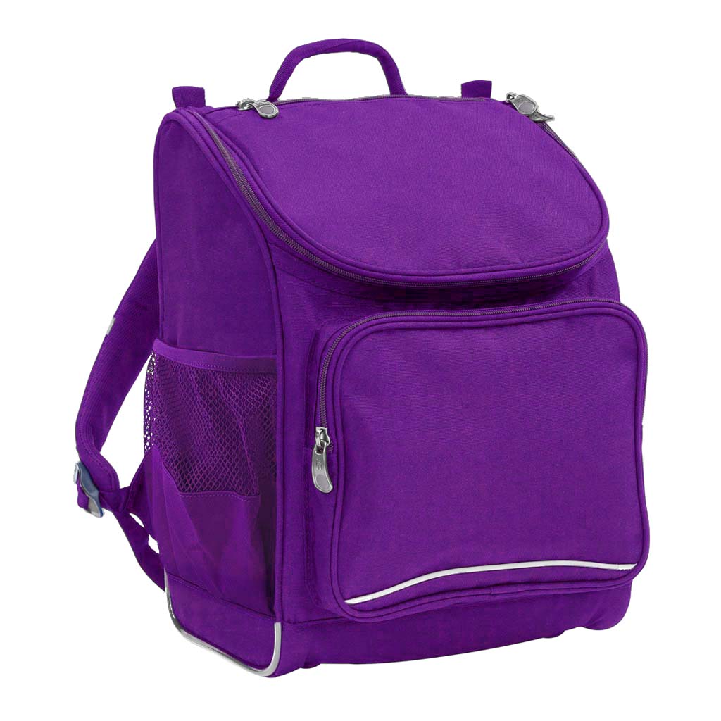 Harlequin Mighty in purple front side angle displaying carry handle, padded shoulder straps, top zipper compartment, front zipper pocket, headphone port and mesh water bottle holder