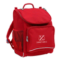 Mighty backpack in colour Red, front side angle displaying carry handle, padded shoulder straps, top zipper compartment, front zipper pocket and mesh water bottle holder with Biddeston State School logo