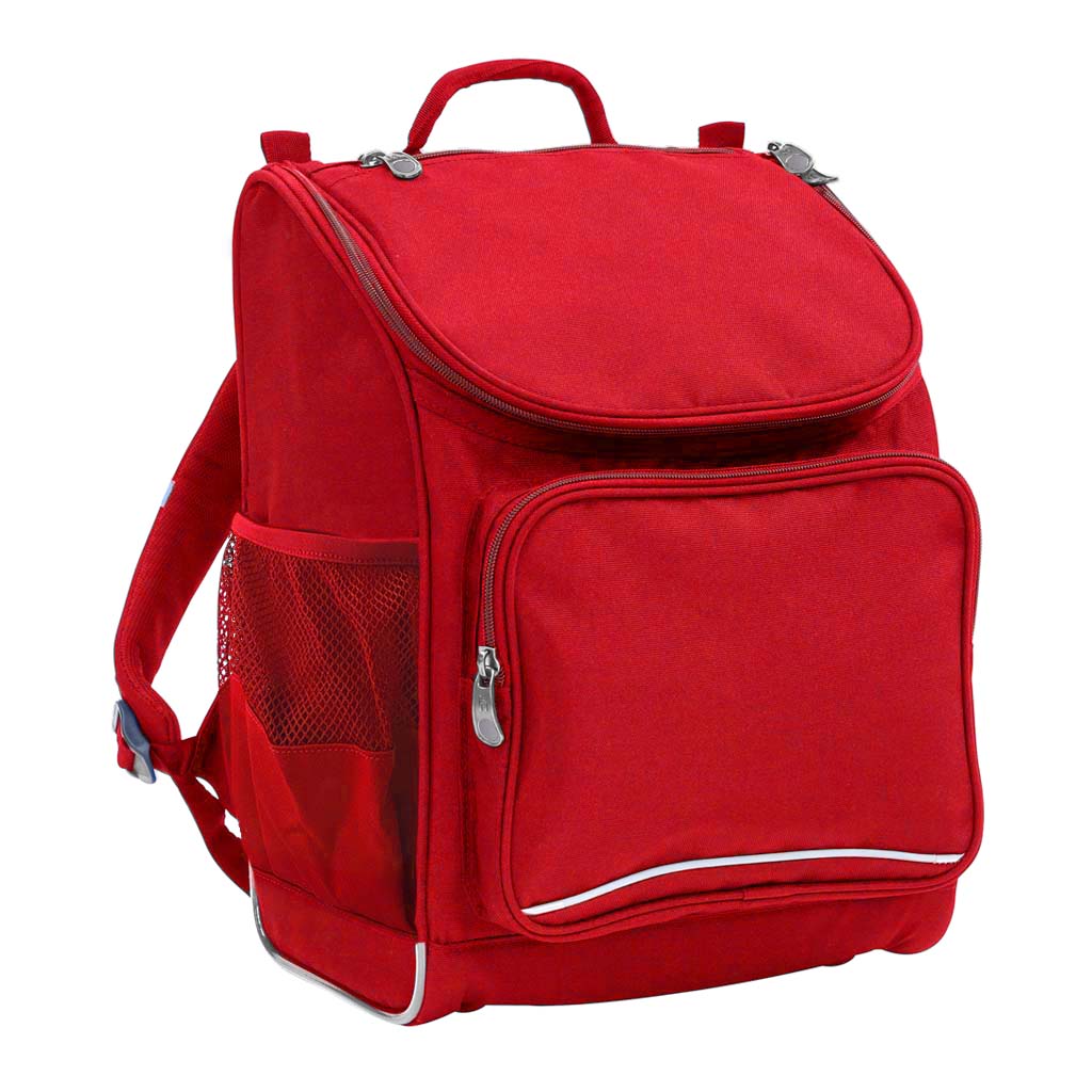 Harlequin Mighty in red front side angle displaying carry handle, padded shoulder straps, top zipper compartment, front zipper pocket, and mesh water bottle holder
