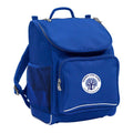 Mighty backpack in colour Royal, front side angle displaying carry handle, padded shoulder straps, top zipper compartment, front zipper pocket and mesh water bottle holder with Tarampa State School logo