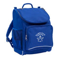 Mighty backpack in colour Royal, front side angle displaying carry handle, padded shoulder straps, top zipper compartment, front zipper pocket and mesh water bottle holder with Dardanup Primary School logo