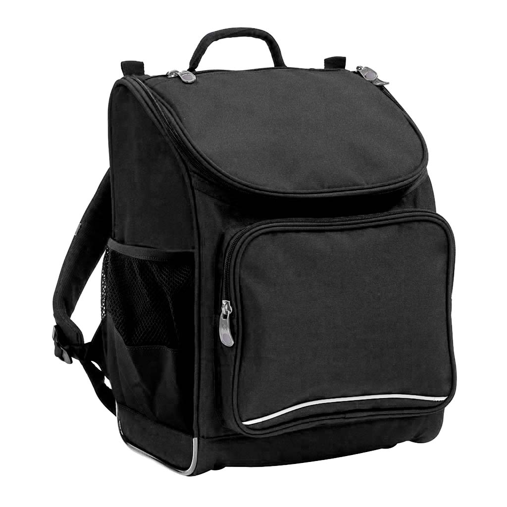 Harlequin Mighty Prep in black front side angle displaying carry handle, padded shoulder straps, top zipper compartment, front zipper pocket and mesh water bottle holder