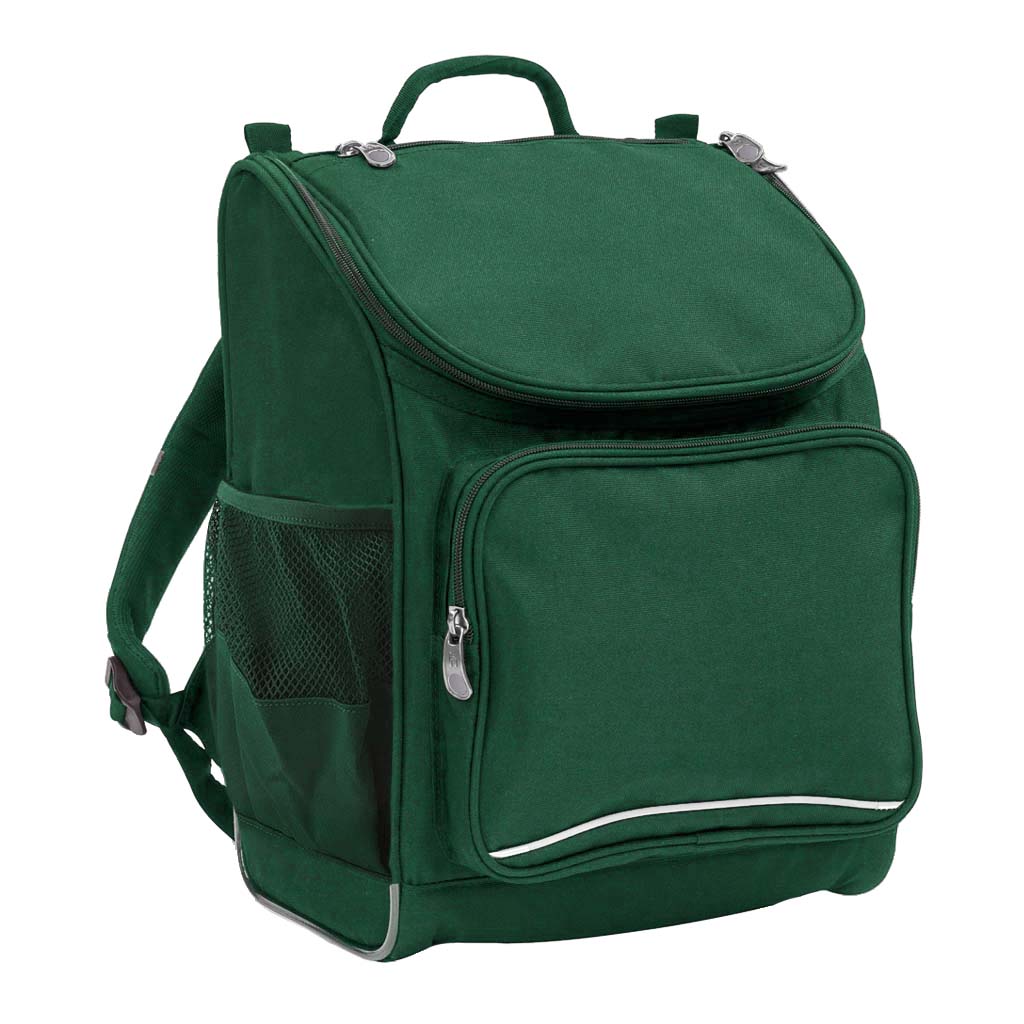 Harlequin Mighty Prep in bottle green front side angle displaying carry handle, padded shoulder straps, top zipper compartment, front zipper pocket and mesh water bottle holder