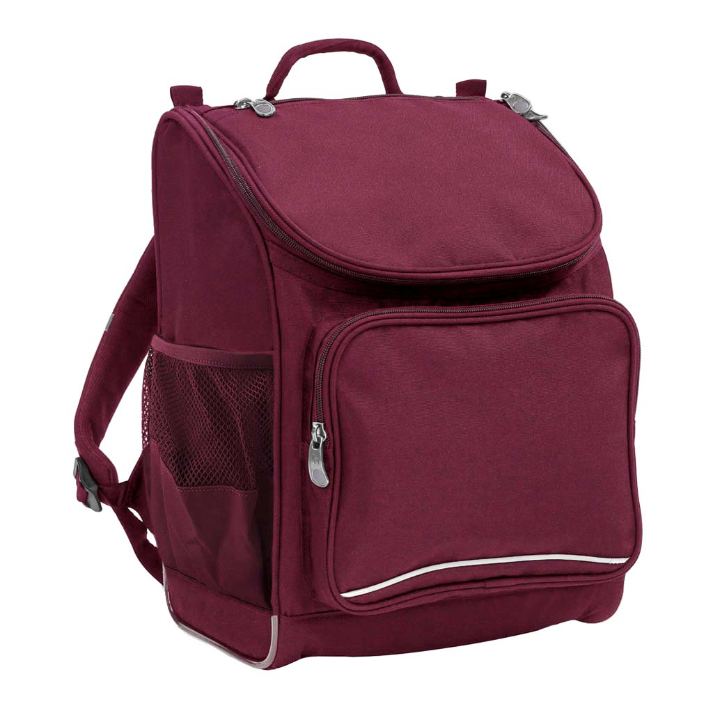 Harlequin Mighty Prep in maroon front side angle displaying carry handle, padded shoulder straps, top zipper compartment, front zipper pocket and mesh water bottle holder