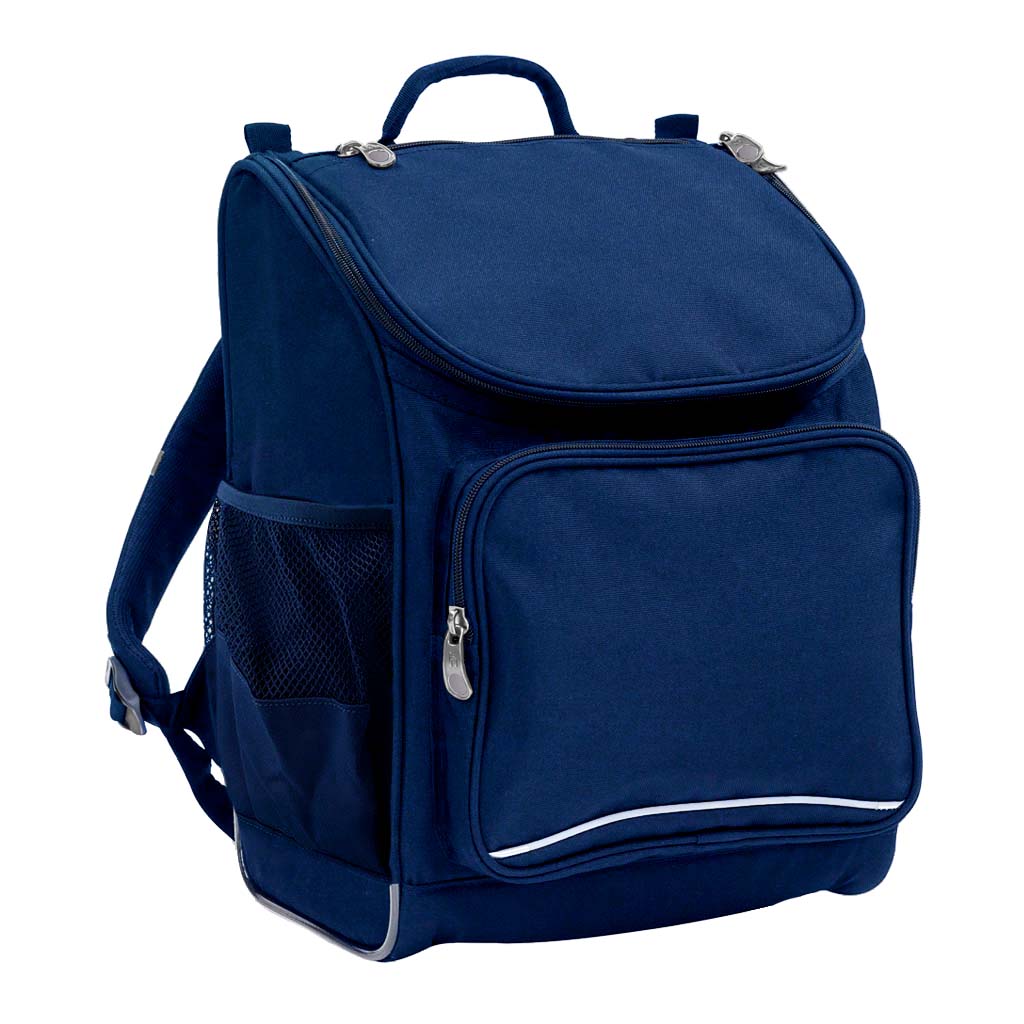 Harlequin Mighty Prep in navy front side angle displaying carry handle, padded shoulder straps, top zipper compartment, front zipper pocket and mesh water bottle holder