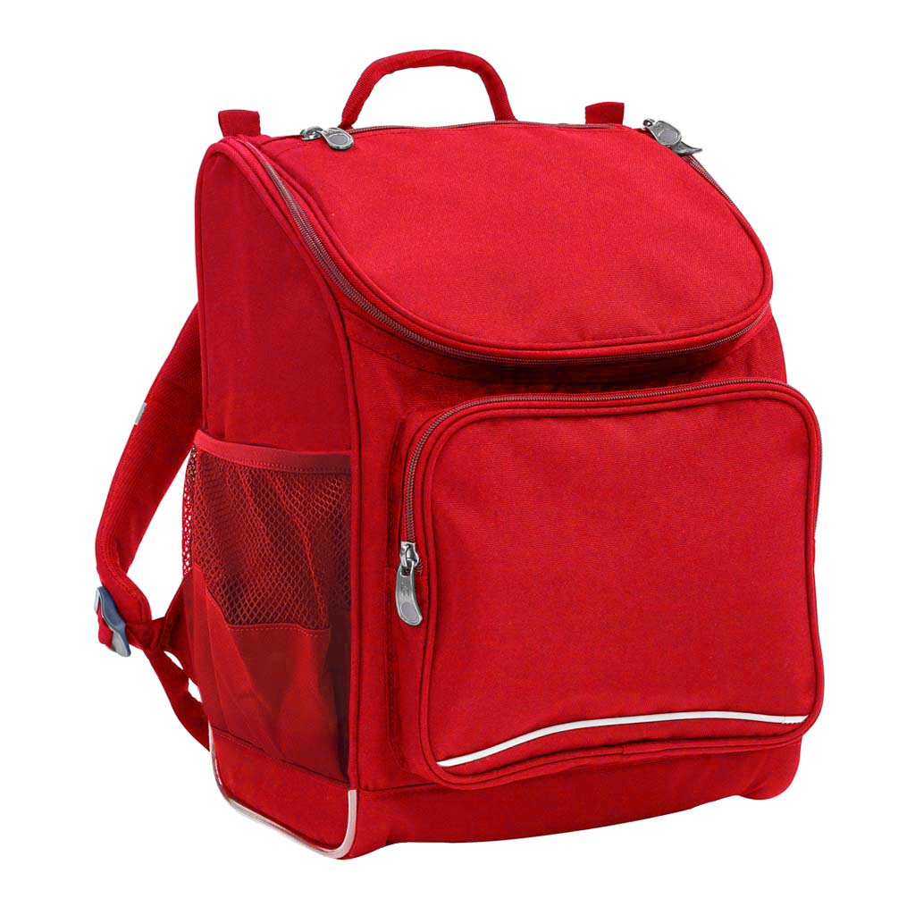 Harlequin Mighty Prep junior in red front side angle displaying carry handle, padded shoulder straps, top zipper compartment, front zipper pocket and mesh water bottle holder
